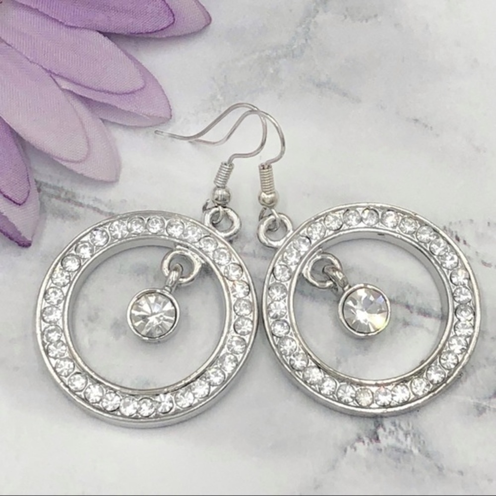 🌼 Silver Round Rhinestone Bling Dangle Fancy Earrings